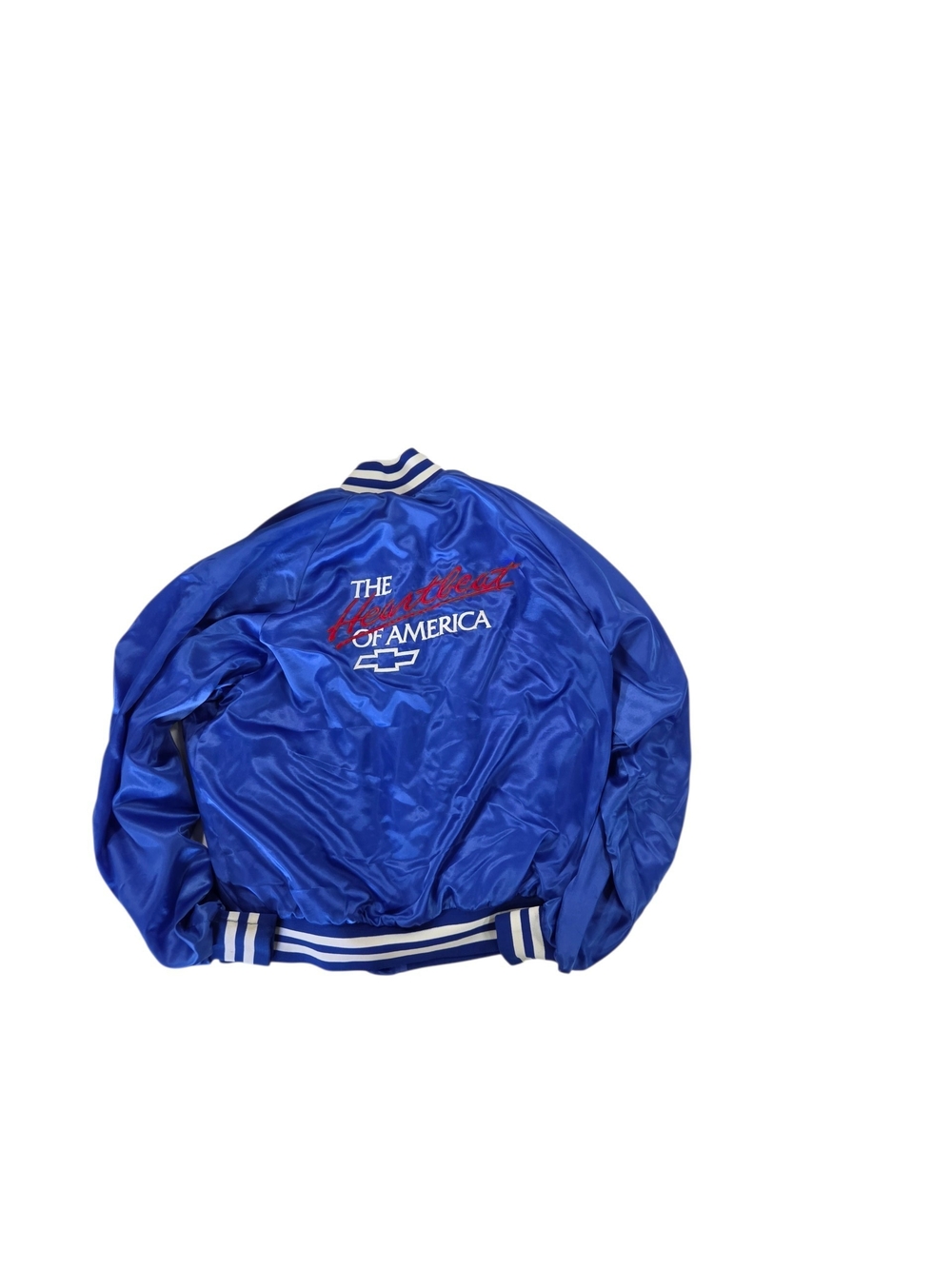 Vintage 80’s Chevrolet Blue Satin Men’s Bomber Jacket Size Large Heartbeat Of